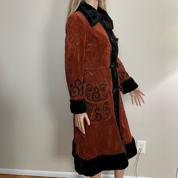 VINTAGE 70s Womens PENNY LANE Orange Crushed Velvet BOHO Jimmy Hendrix LONG COAT - Picture 2 of 8